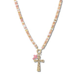 111216, HAMMERED METALLIC AND MULTI BEAD CROSS NECKLACE wholesale fashion jewelry - GOOD FEELINGS, INC