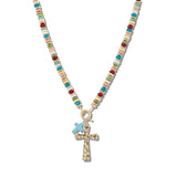 111216, HAMMERED METALLIC AND MULTI BEAD CROSS NECKLACE wholesale fashion jewelry - GOOD FEELINGS, INC