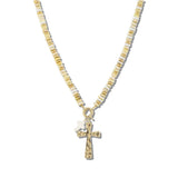 111216, HAMMERED METALLIC AND MULTI BEAD CROSS NECKLACE wholesale fashion jewelry - GOOD FEELINGS, INC