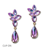 111224, CRYSTAL FLORAL CLUSTER CLIP ON DROP EARRINGS wholesale fashion jewelry - GOOD FEELINGS, INC