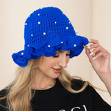 111291, PEARL ACCENTED RUFFLED CROCHET BUCKET HAT