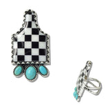 Western Checkered COW TAG Turquoise Cuff Ring