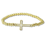 Mother of Pearl Side Cross Stainless Steel Bead Stretch Bracelet