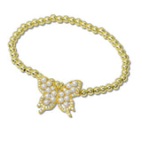 Pearl and Pave Butterfly Charm Stainless Steel Bead Stretch Bracelet