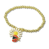 Enamel Ladybug and Daisy Charm Stainless Steel Bead Stretch Bracelet