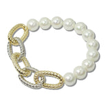 14K Gold Plated Pearl and Metal Link Stretch Designer Inspired Bracelet