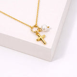 Dainty Cross and Freshwater Pearl Charm Necklace - view 5
