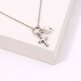 Dainty Cross and Freshwater Pearl Charm Necklace - view 4