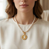 Pearl Strand and Mother of Pearl Cross Medallion Toggle Necklace