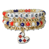 Heart Charm Patriotic USA Americana Multi Layered Beaded Stretch Bracelet