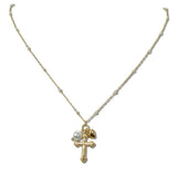 Dainty Cross Heart and Pearl Charm Necklace