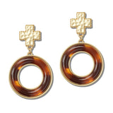 Hammered Cross Accent Tortoise Shell Resin Drop Earrings - view 2