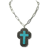 Western Turquoise Scalloped Cross Paperclip Necklace