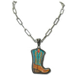 Western Turquoise Cowboy Boot Paperclip Necklace