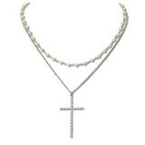 Layered Pearl Cross Pendant Necklace