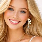 Textured Flower Petal Pearl Drop Earrings - view 2