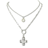 Layered Shell and Hammered Cross Pendant Necklace