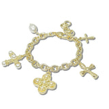 14K Gold Plated Pearl Cross and Quatrefoil Multi Charm Designer Inspired Bracelet