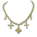 14K Gold Plated Pearl Cross and Quatrefoil Multi Charm Designer Inspired Necklace