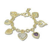 14K Gold Plated Multi Heart Charm with Purple CZ Accent Designer Inspired Bracelet
