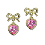 14K Gold Plated BOW CZ Heart Drop Designer Inspired Earring
