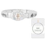 Believe Cross Charm Hammered Oval Stretch Bracelet