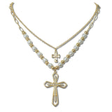 Layered Pearl and Pave Cross Statement Necklace