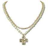 Hammered Cross Charm Faux Pearl Layered Necklace
