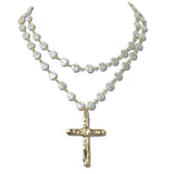 Hammered Cross Round Freshwater Pearl Double Layered Necklace