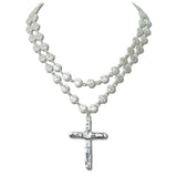 Hammered Cross Round Freshwater Pearl Double Layered Necklace - view 2