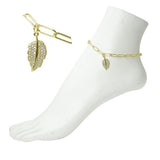 Stainless Steel Pave Crystal Leaf Charm Link Anklet