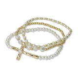 Hammered Cross Accent Pearl Multi Layered Beaded Stertch Bracelet
