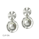 Hammered Disc Drop Clip on Earrings