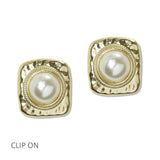 Hammered Square Pearl Clip on Earrings