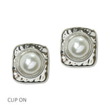 Hammered Square Pearl Clip on Earrings - view 2
