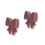112705, GAMEDAY CHECKERED ACRYLIC RIBBON BOW STUD EARRINGS