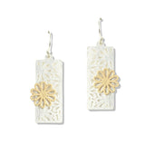 112736, BRUSHED FILIGREE RECTANGLE FLOWER DANGLE EARRINGS
