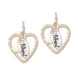 112769, BLESSED AND PEARL ACCENT HAMMERED HEART DANGLE EARRINGS