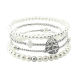 112877, HAMMERED CROSS ACCENT PEARL MULTI LAYERED BEADED STRETCH BRACELET