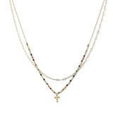 112879, DAINTY CROSS CHARM BEADED LAYERED NECKLACE