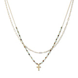 112879, DAINTY CROSS CHARM BEADED LAYERED NECKLACE