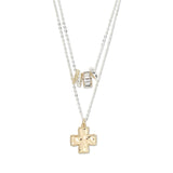 112904, HAMMERED CROSS AND RONDELLE CHARM LAYERED NECKLACE