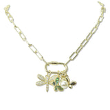 112918, 14K GOLD PLATED PAVE CZ DRAGONFLY AND BUTTERFLY MULTI CHARM NECKLACE
