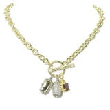 112923, 14K GOLD PLATED CZ MULTI CHARM CABLE LINK TOGGLE NECKLACE