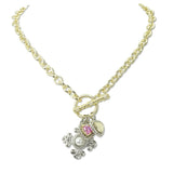 112924, 14K GOLD PLATED CZ CROSS AND HEART MULTI CHARM TOGGLE NECKLACE