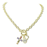 112925, 14K GOLD PLATED CZ CROSS AND CLOVER MULTI CHARM TOGGLE NECKLACE