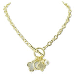 112926, 14K GOLD PLATED CZ CLOVER MULTI CHARM TOGGLE NECKLACE