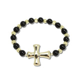 112933, 14K GOLD PLATED CROSS TURQUOISE BEADED STRETCH BRACELET
