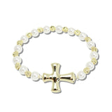 112933, 14K GOLD PLATED CROSS TURQUOISE BEADED STRETCH BRACELET