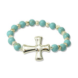 112933, 14K GOLD PLATED CROSS TURQUOISE BEADED STRETCH BRACELET
